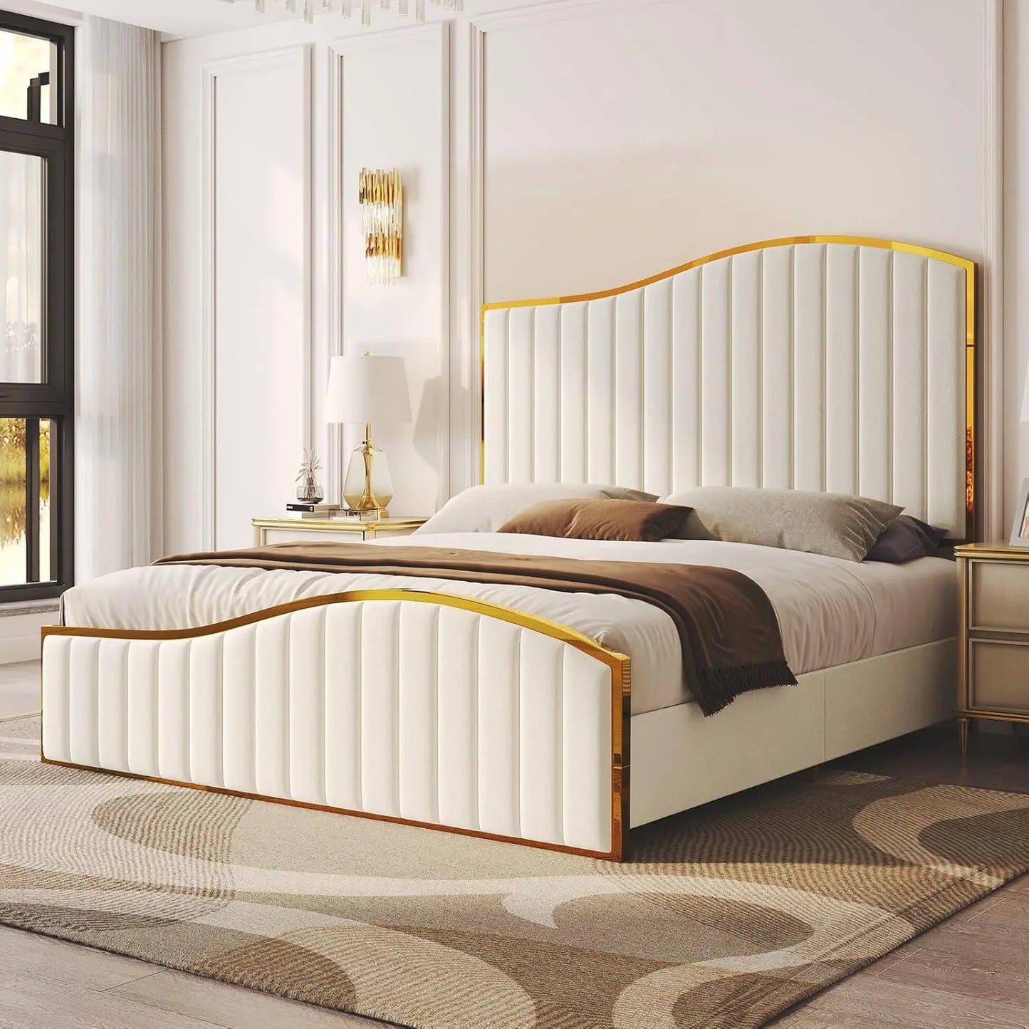61.4" High Queen SizeHeadboard Platform Bed with Velvet Upholstry with Gold Trim , Bedroom Queen Bed Frame