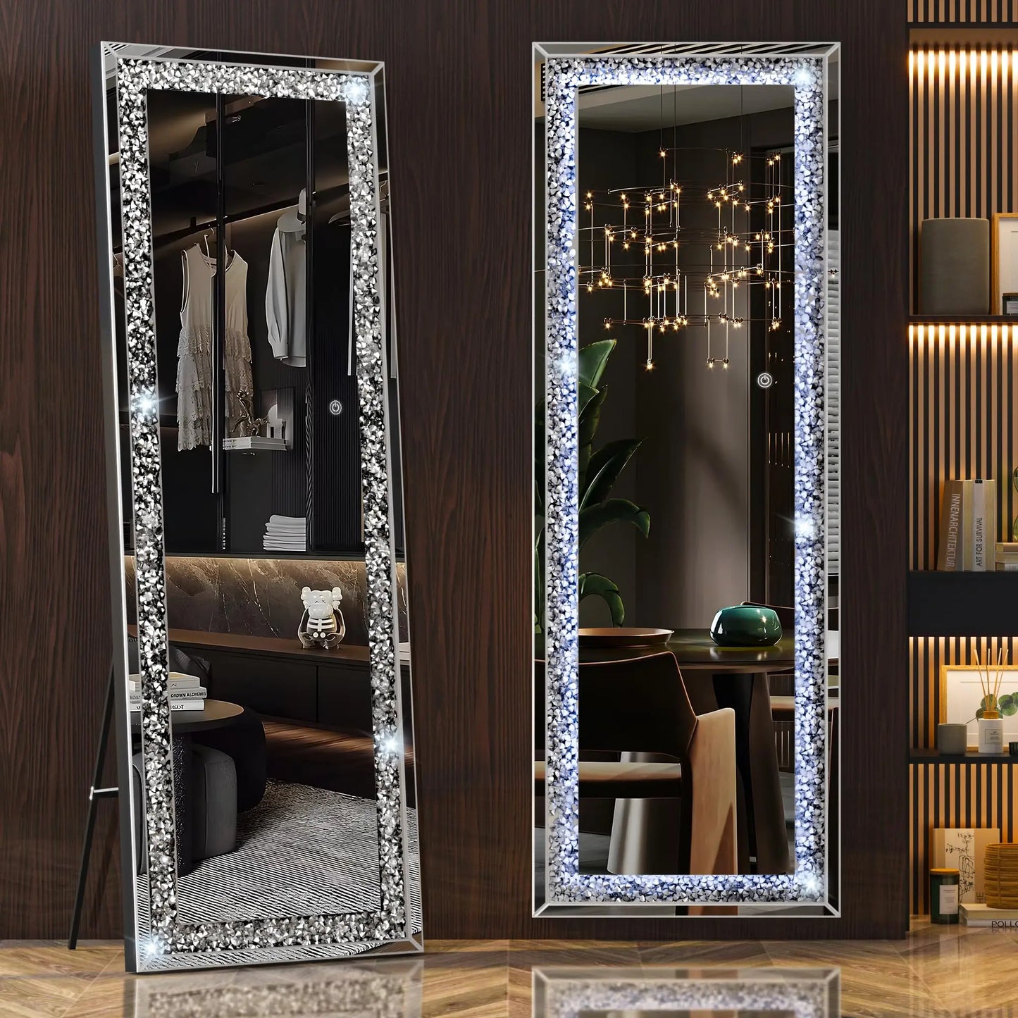 Full-Length Mirror 63×20 inch with Lights and Crystal Crush Diamond Inlay