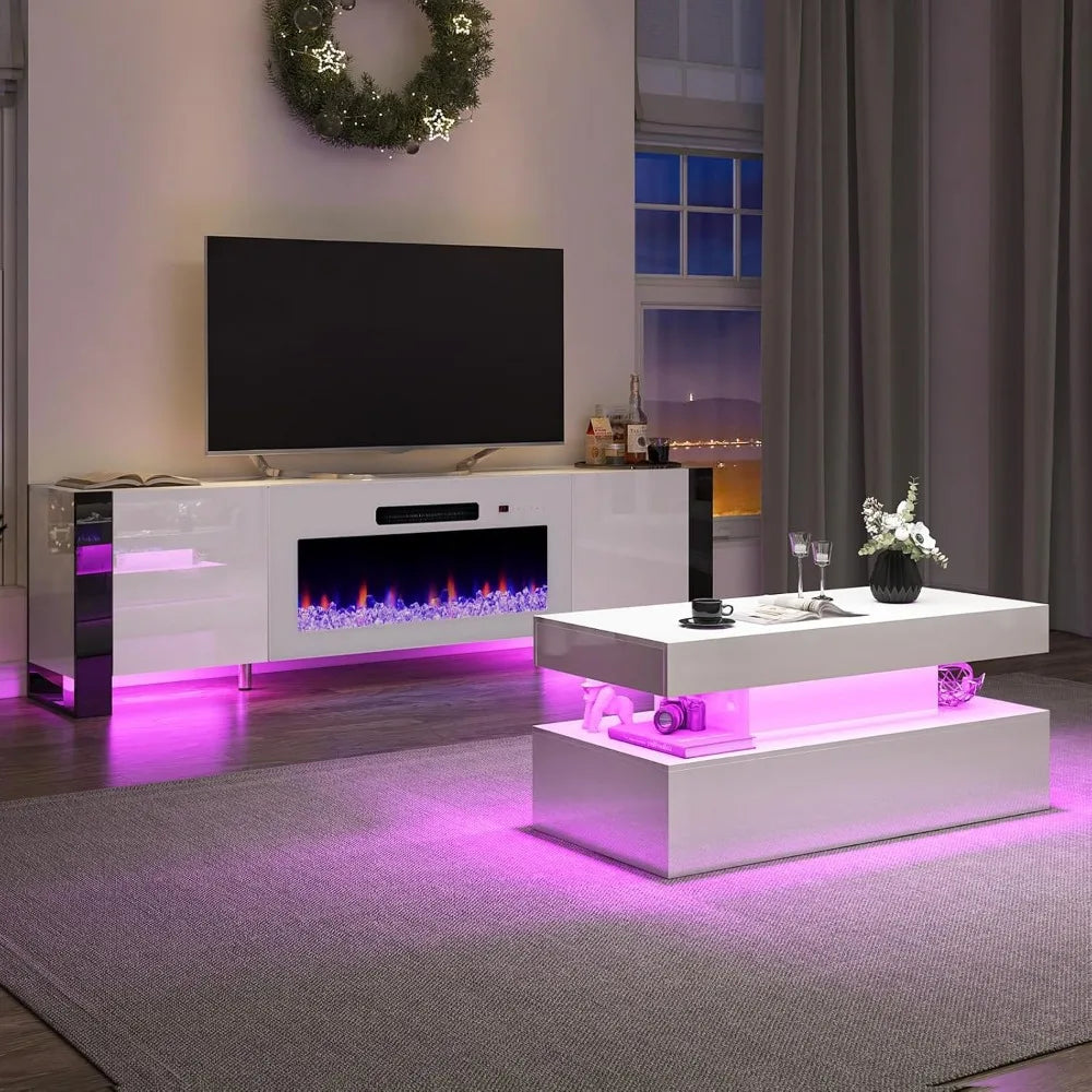 80" LED TV Stand w/40" Electric Fireplace & High Gloss Coffee Table (Set of 3)