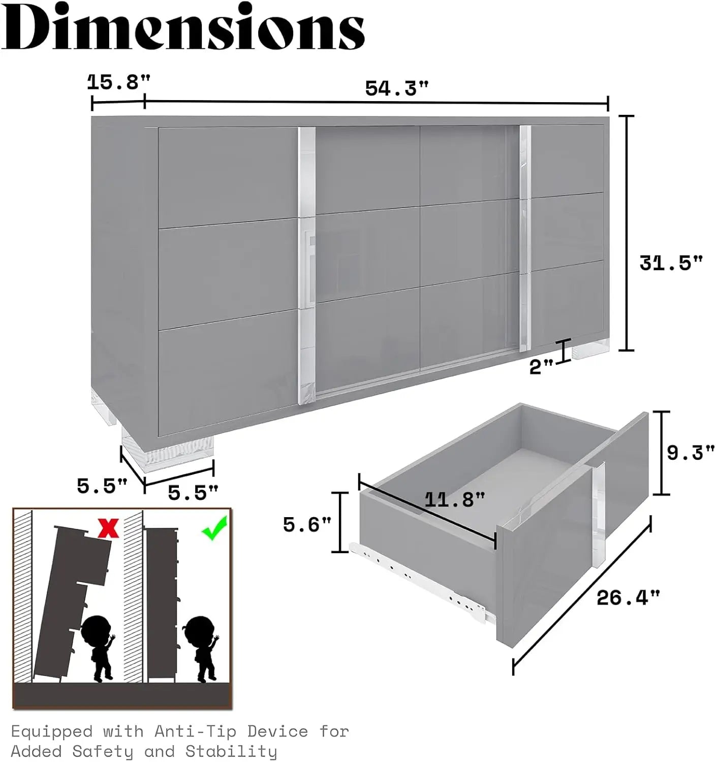 Elegant 54" W High Gloss 6 Drawers Dressers with Silver Grooved Handles