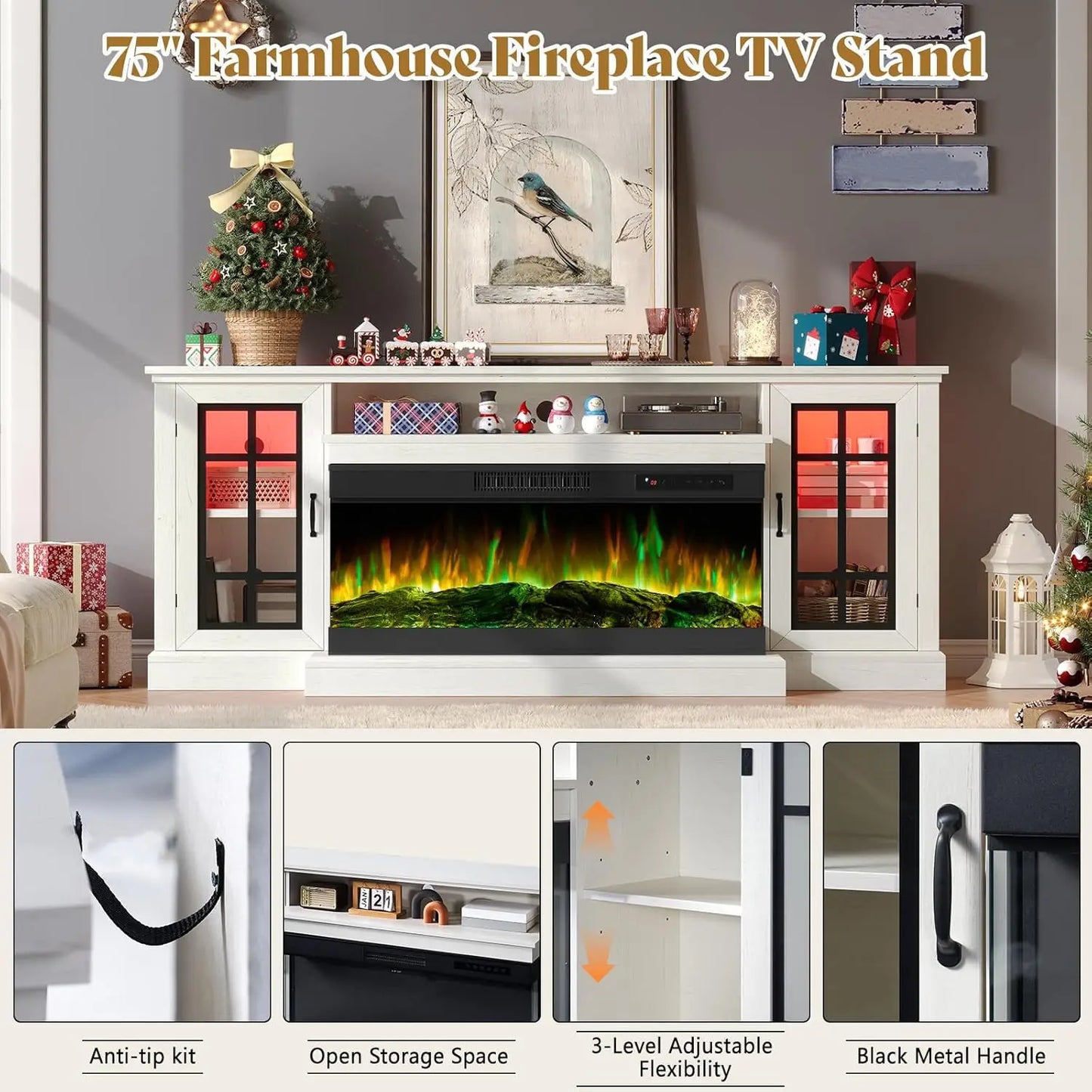 75" Rustic Fireplace TV Stand w/ 3-Side Glass & LED Lights