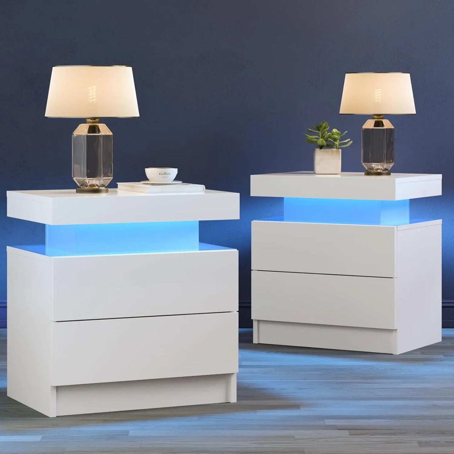 Set of 2 Black Bedside Nightstands with LED Lights