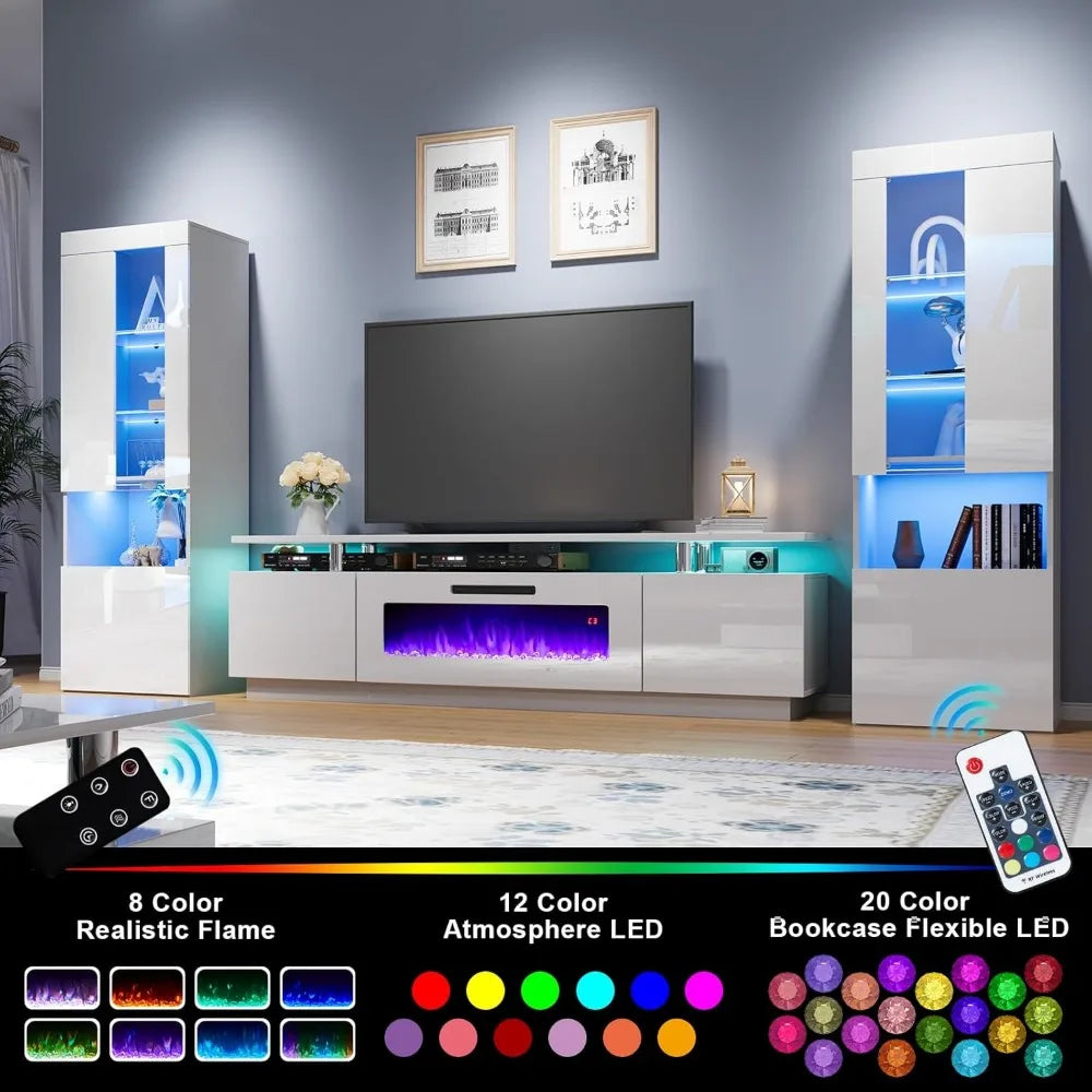 80" 2-Tier FireplaceTV with 2 High Gloss Bookshelves LED Lights & Glass Doors