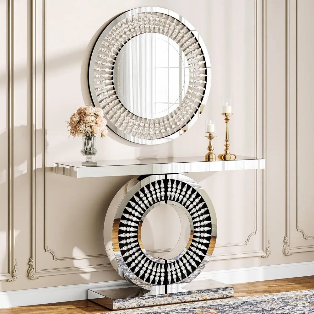 43-Inch Mirrored Console Table with Round Jeweled Decorative Wall Mirror Set of 2