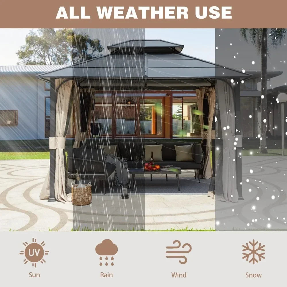 10'x12' Double Metal Roof Gazebo w/Aluminum Frame, Netting & Shaded Curtains