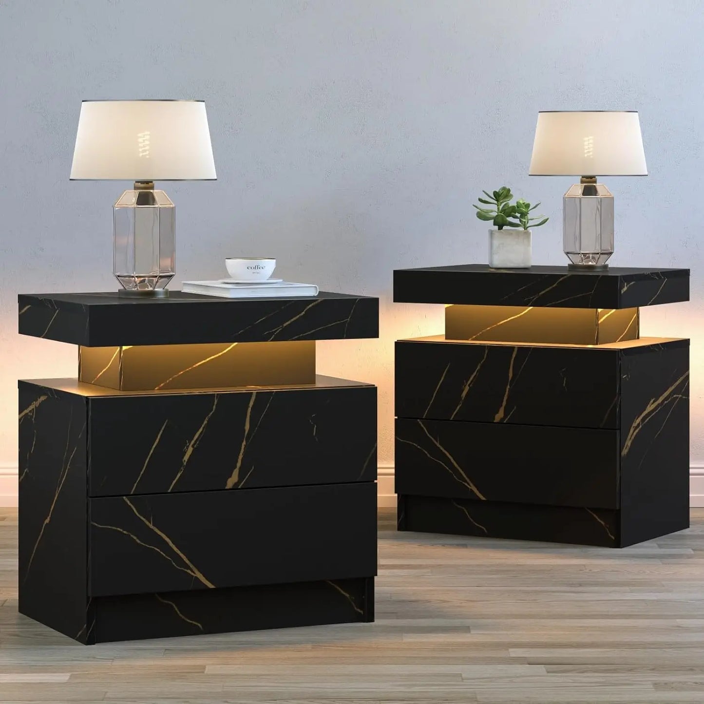 Set of 2 Black Bedside Nightstands with LED Lights
