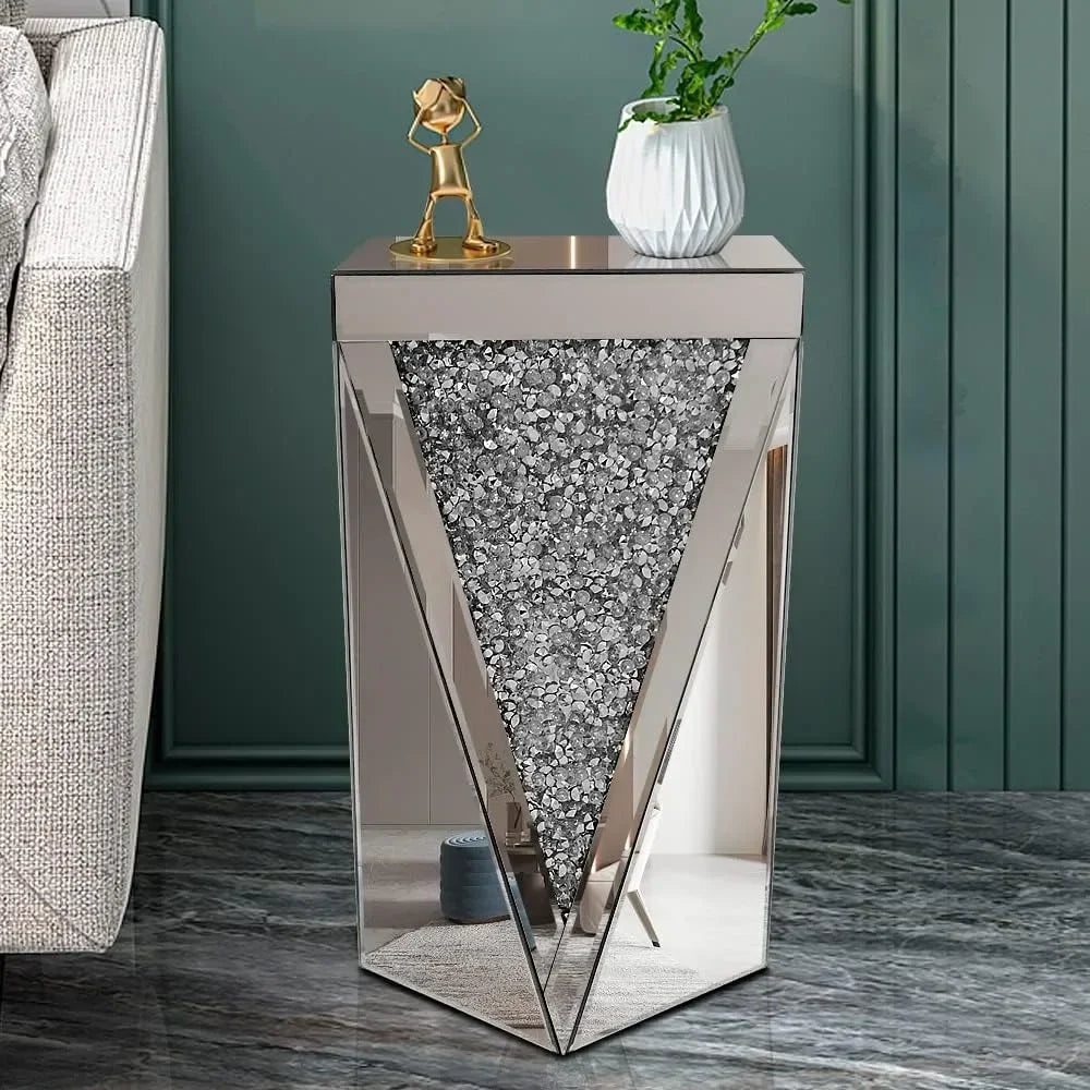 Silver Accent Mirror End Table with Crystal Inlay