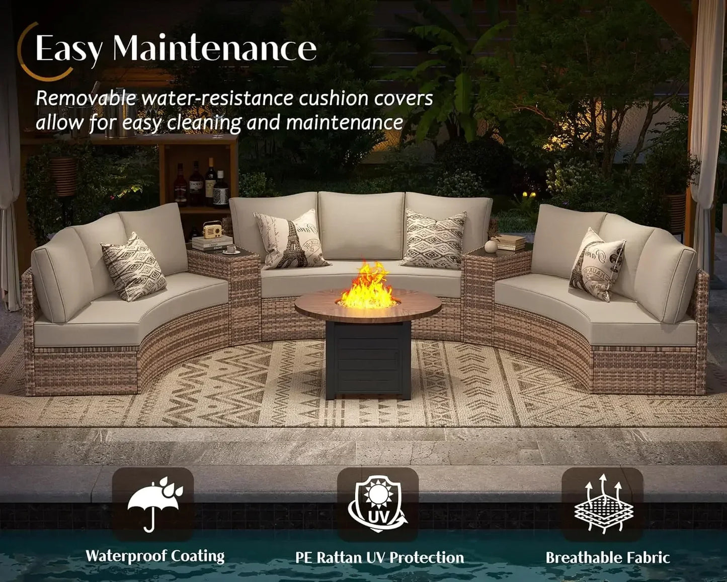 11 Piece Half-Moon Sectional Patio Furniture Set w/Large Storage Wedge Table
