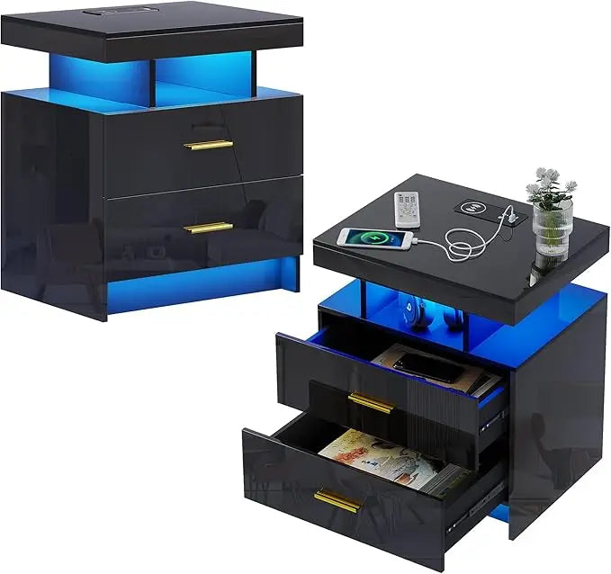High Gloss Nightstand with USB/Wireless Charging Station (Set of 2)