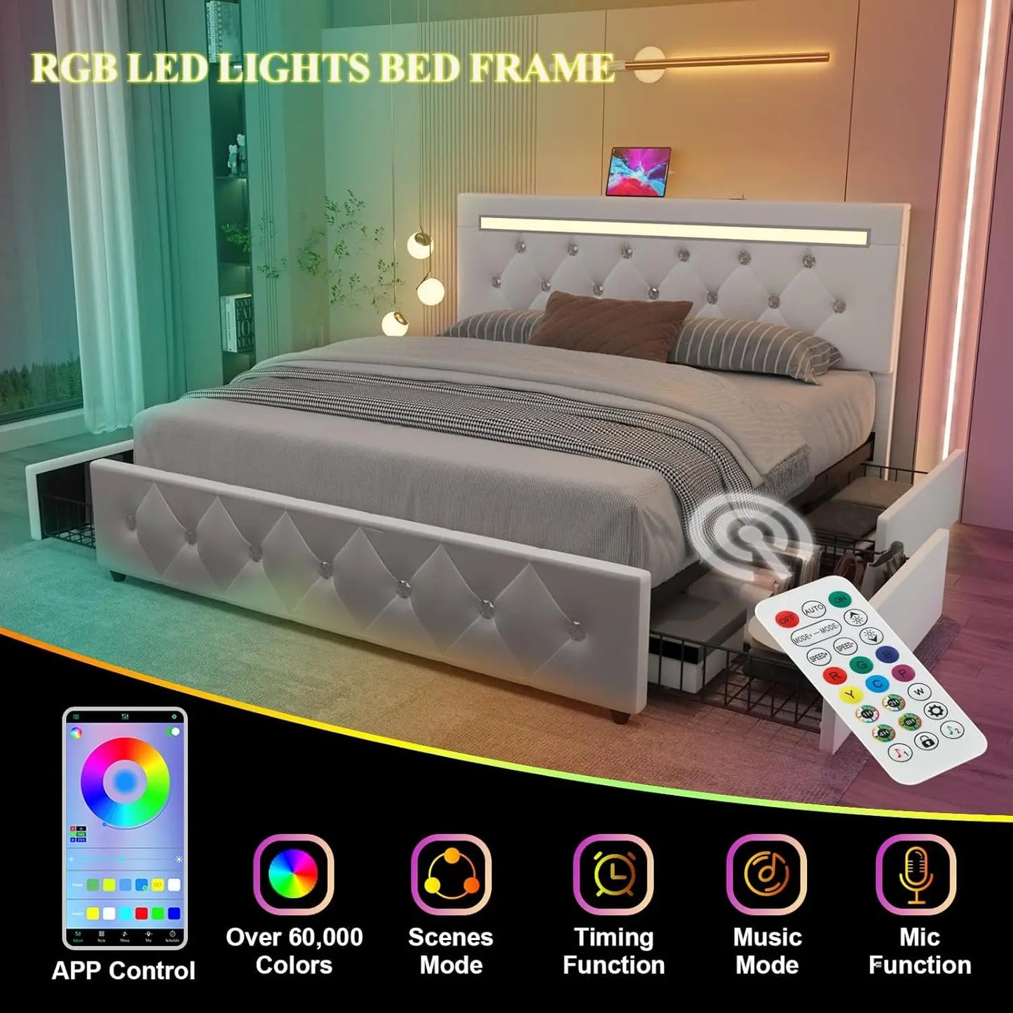 Full Size Bed Frame with 4 Drawers and LED Lighting