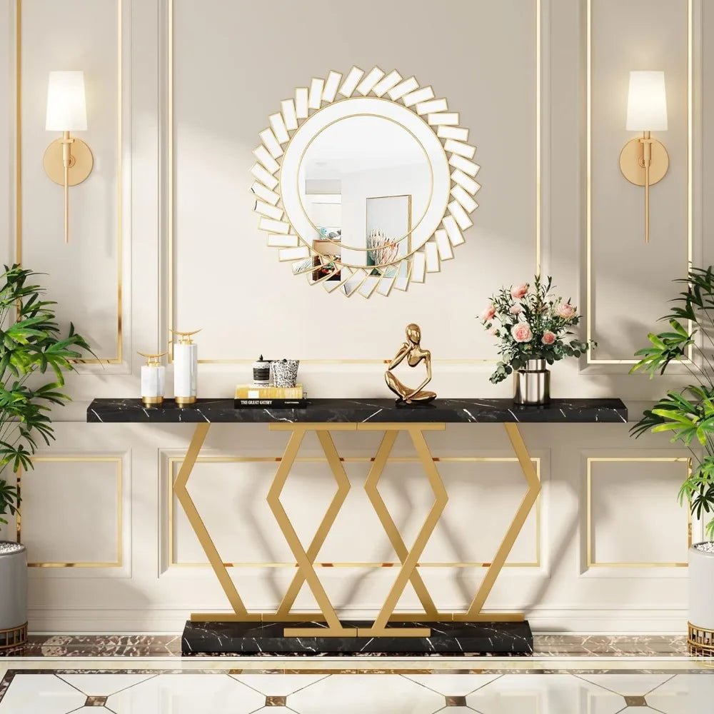 Black & Gold Faux Marble Table Top Sofa Table