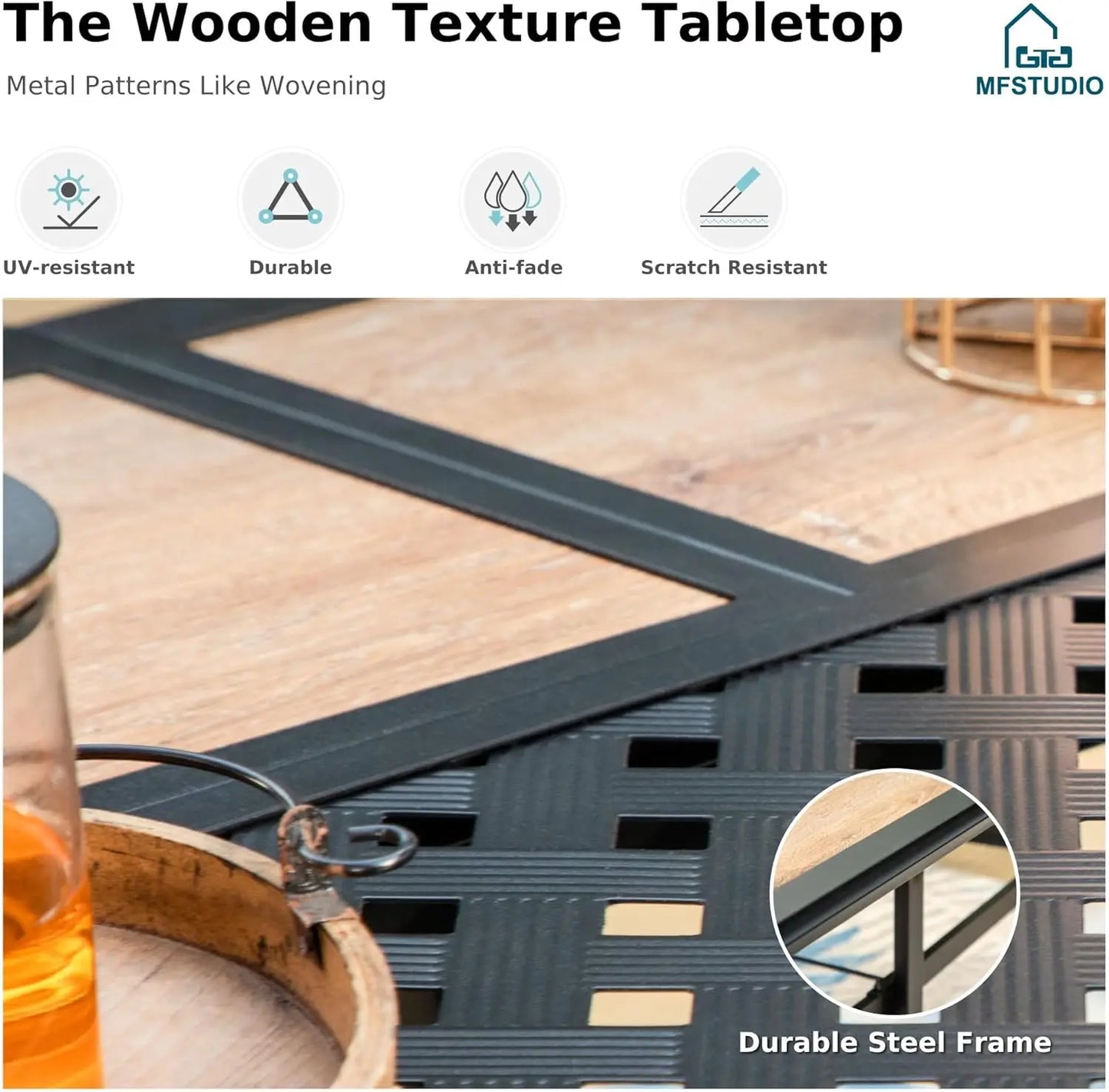 Outdoor Patio Dining Table for 6, Rectangular Patio Furniture Table with Metal Frame and Immitation Top