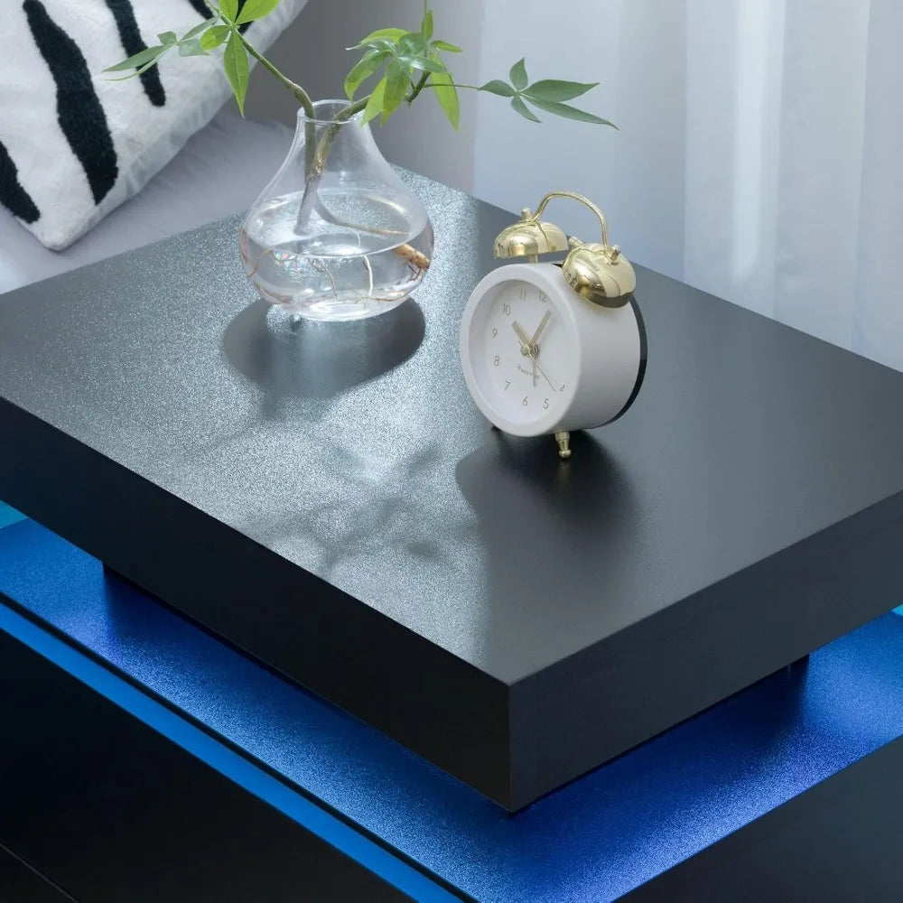 Set of 2 Black Bedside Nightstands with LED Lights