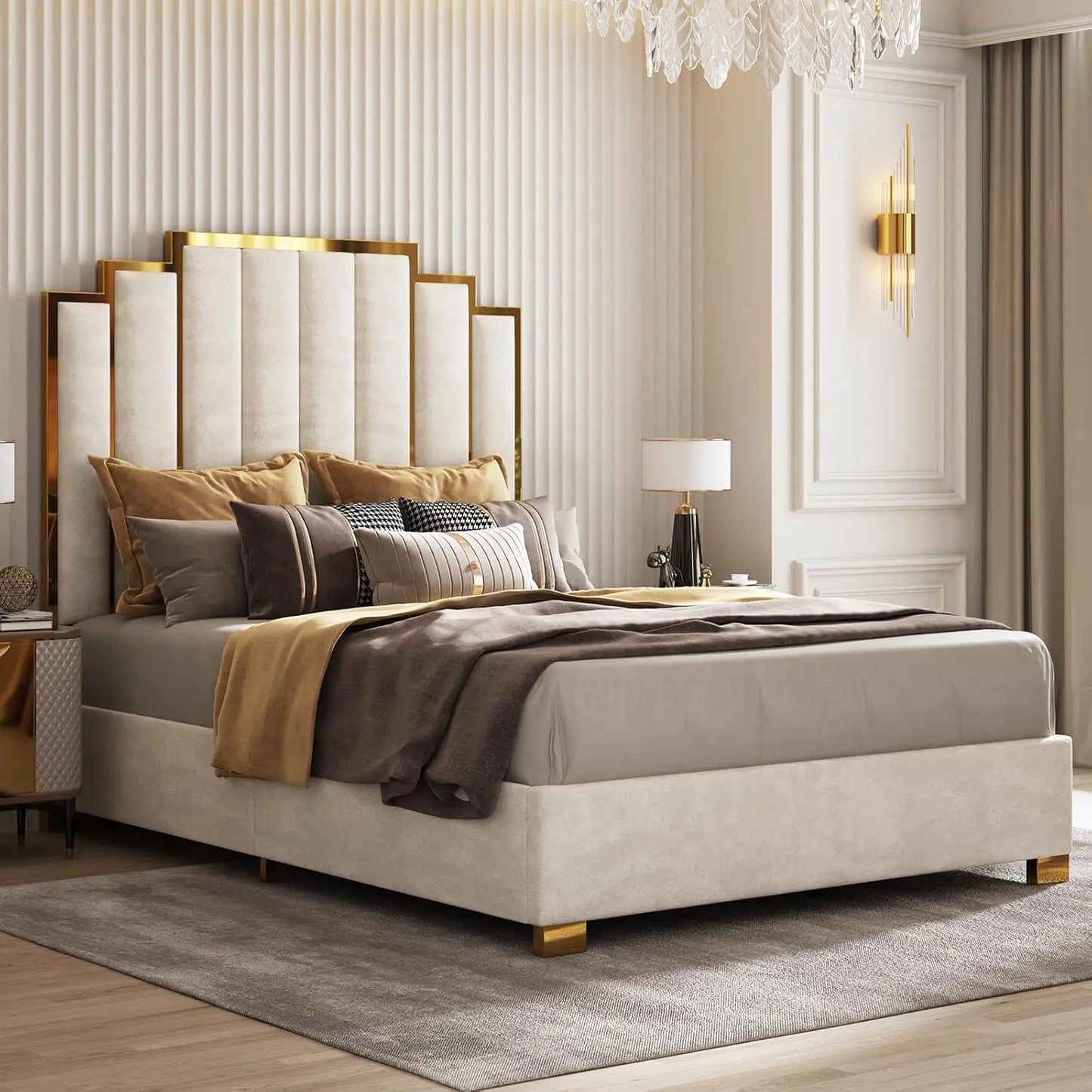 Upholstered Velvet Bed Frame w/Gold Trim Headboard