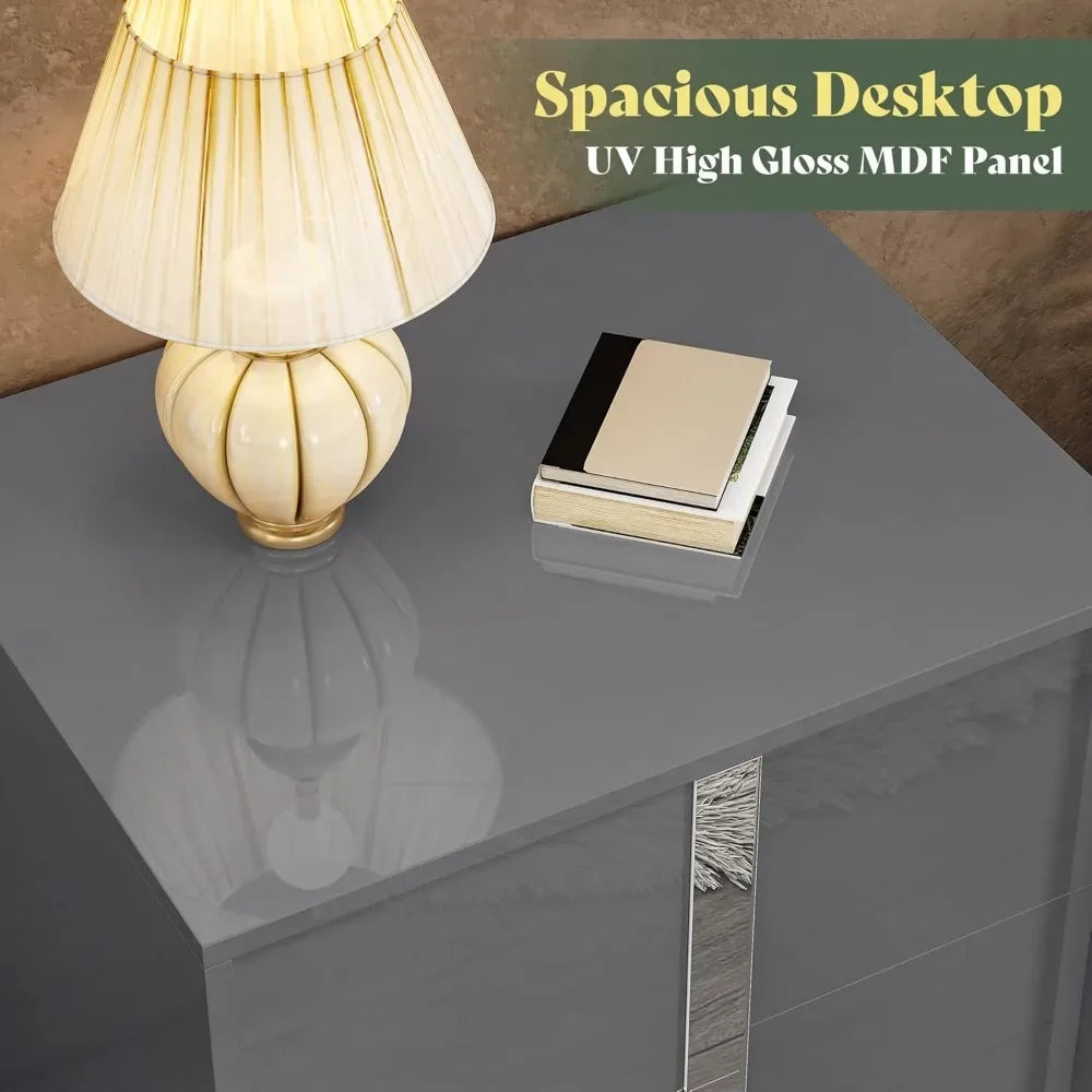 Set of 2 - 23.6" End Tables w/ Drawers, High Gloss UV Finish