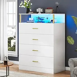 LED Tall Black 4 Drawer Dresser with Charging Station