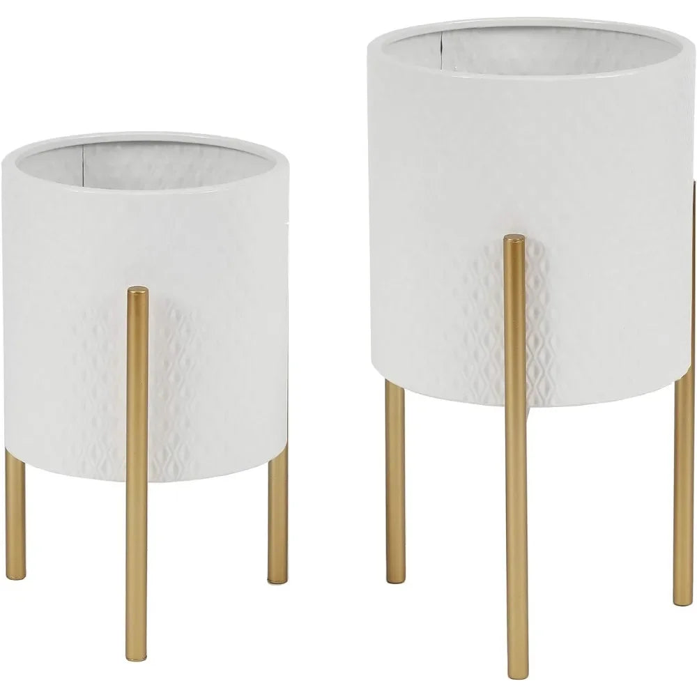 Set of 2 White Planter w/ Gold Metal Stand