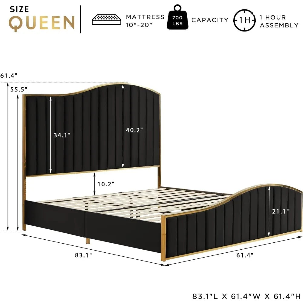 61.4" High Queen SizeHeadboard Platform Bed with Velvet Upholstry with Gold Trim , Bedroom Queen Bed Frame