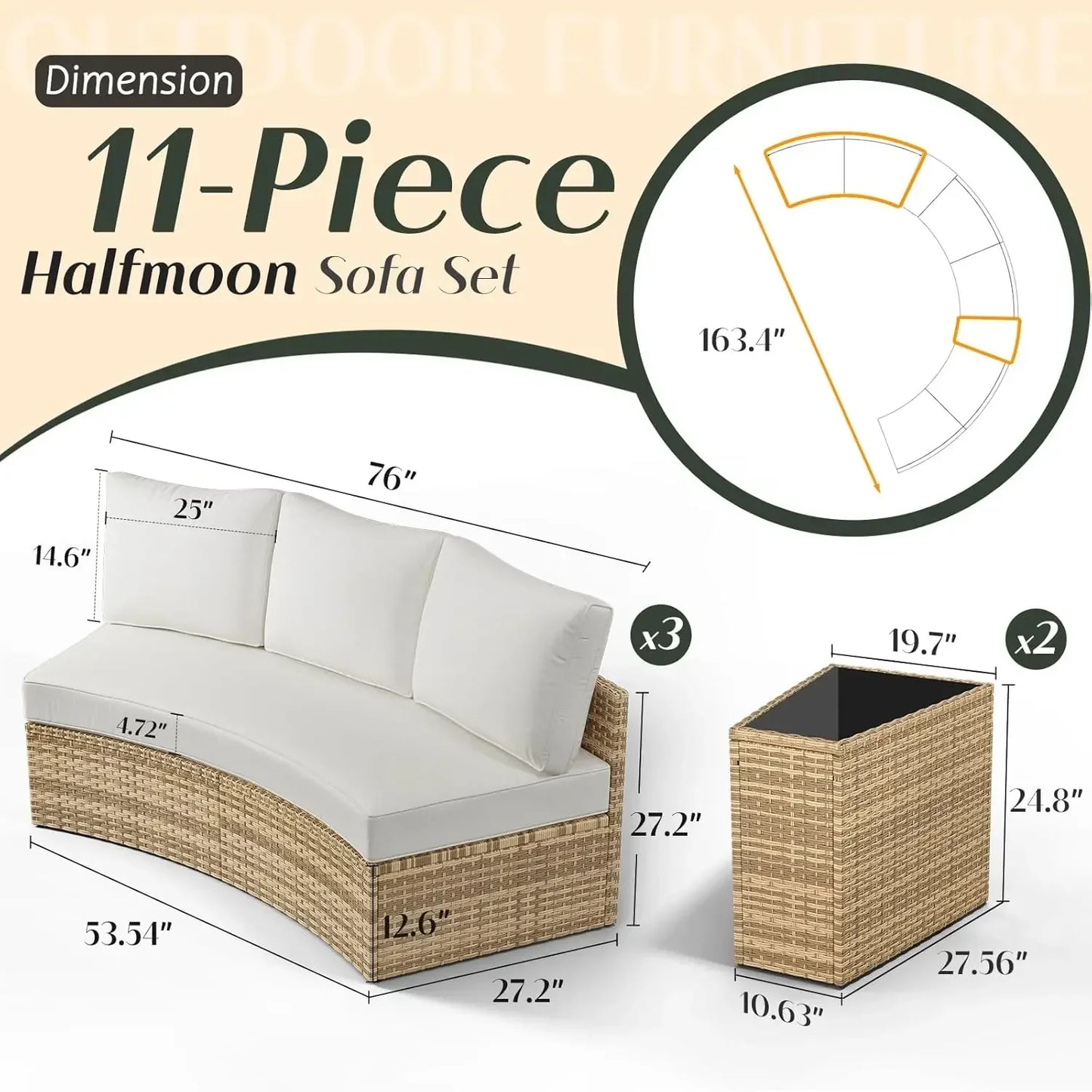 11 Piece Half-Moon Sectional Patio Furniture Set w/Large Storage Wedge Table