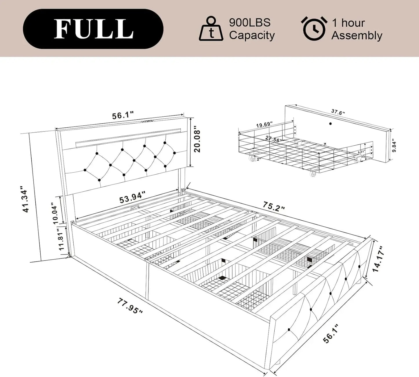 Full Size Bed Frame with 4 Drawers and LED Lighting