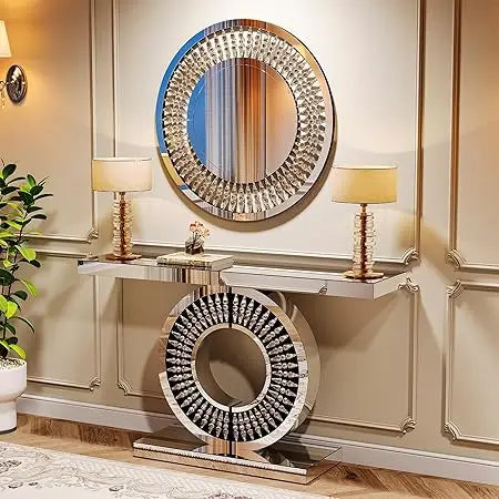 43-Inch Mirrored Console Table with Round Jeweled Decorative Wall Mirror Set of 2
