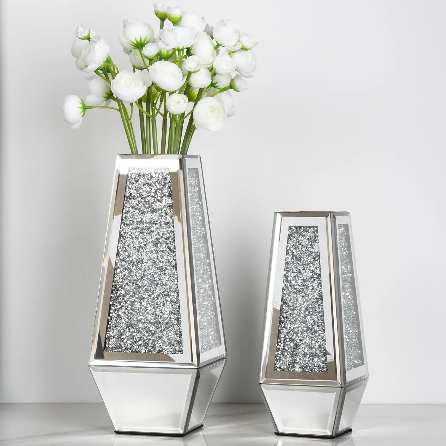 Silver Crushed Diamond Mirrored Vases (Set Of 2)