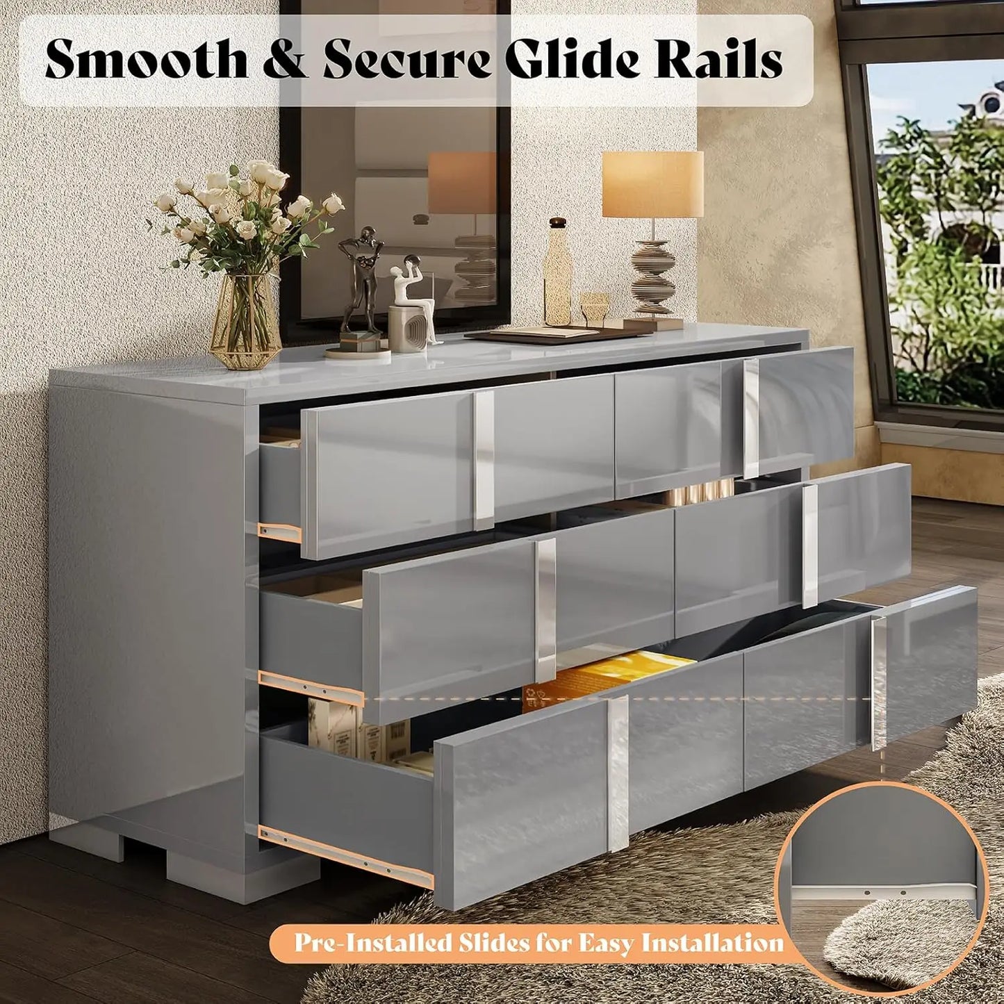 Elegant 54" W High Gloss 6 Drawers Dressers with Silver Grooved Handles