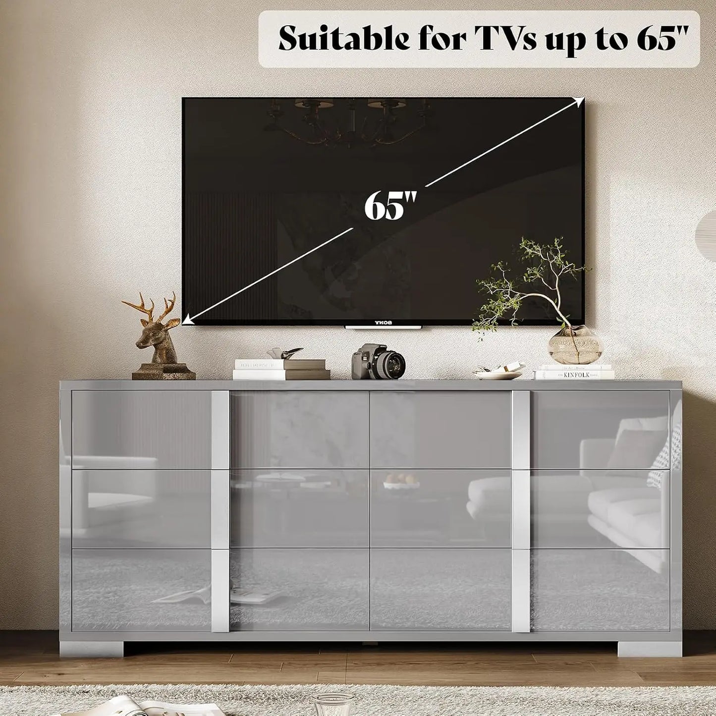 Elegant 54" W High Gloss 6 Drawers Dressers with Silver Grooved Handles