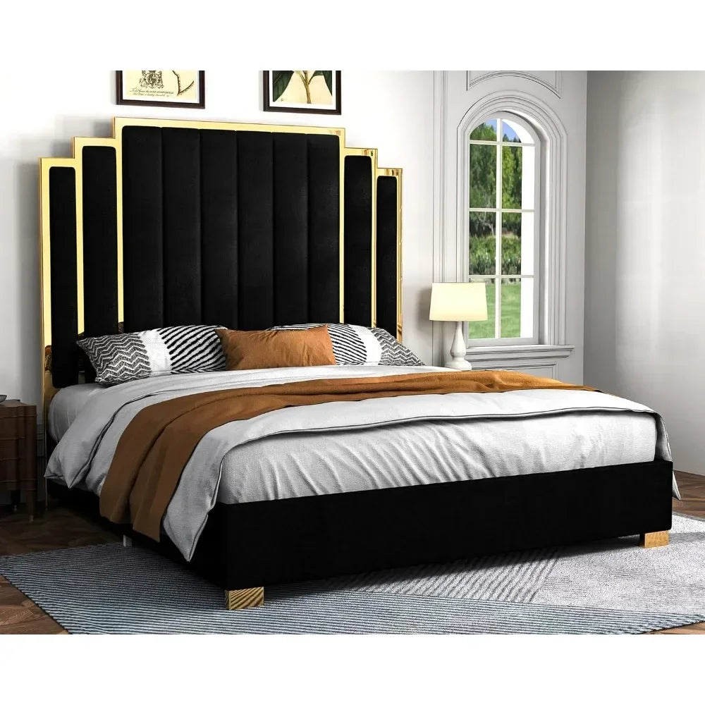 66in. Velvet Upholstered Bed with Gold Trim Headboard & Wooden Slats