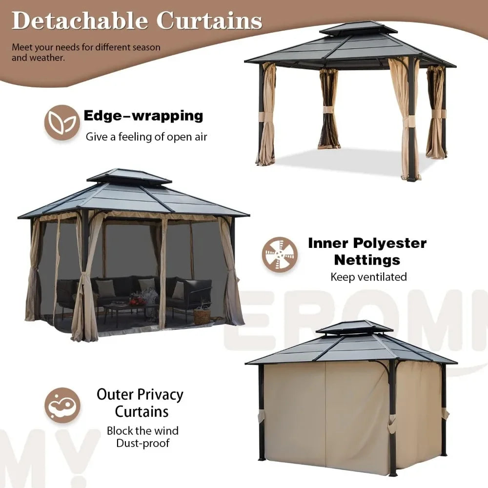 10'x12' Double Metal Roof Gazebo w/Aluminum Frame, Netting & Shaded Curtains
