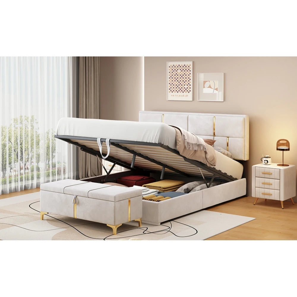 Queen Size Upholstered Platform Bed with Ottoman