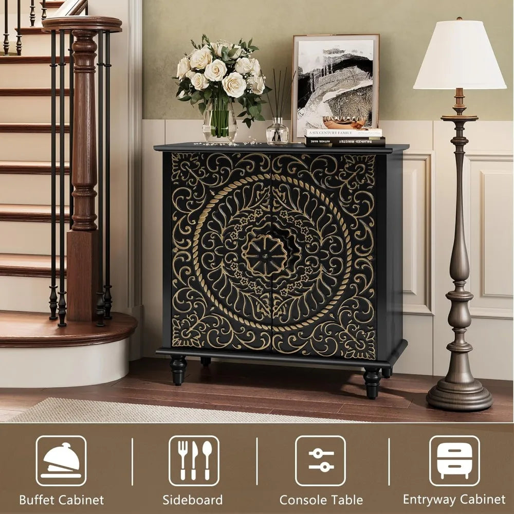 2-Door Decorative Storage Cabinet w/Carved Flower Pattern
