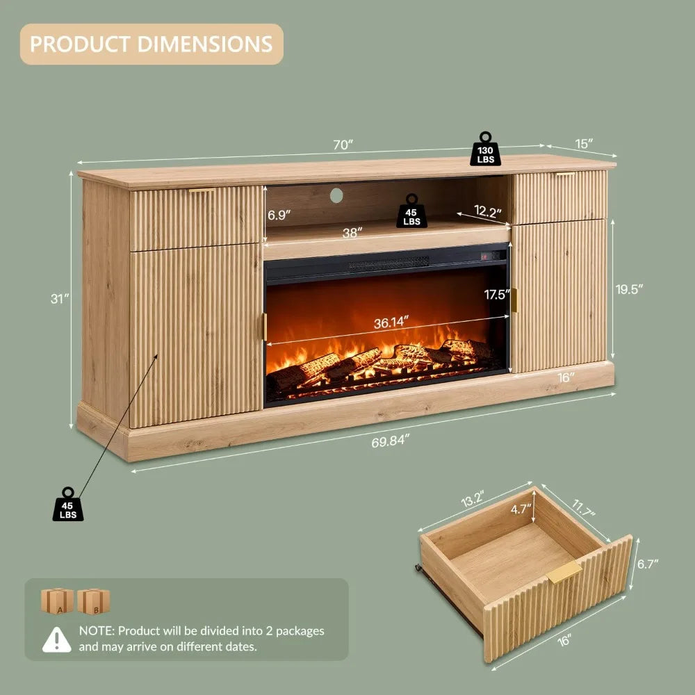 Fluted Wood Fireplace TV Stand Entertainment Center with Adjustable Shelves