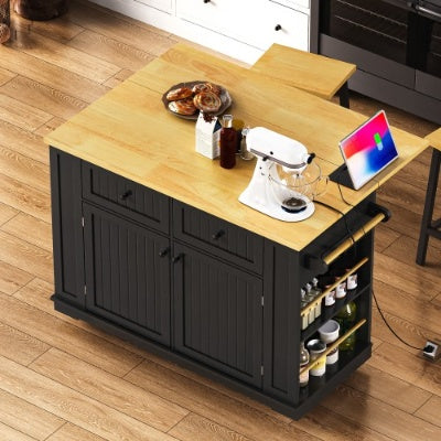 Large Kitchen Island with 2 Bar Stools and Power Outlet