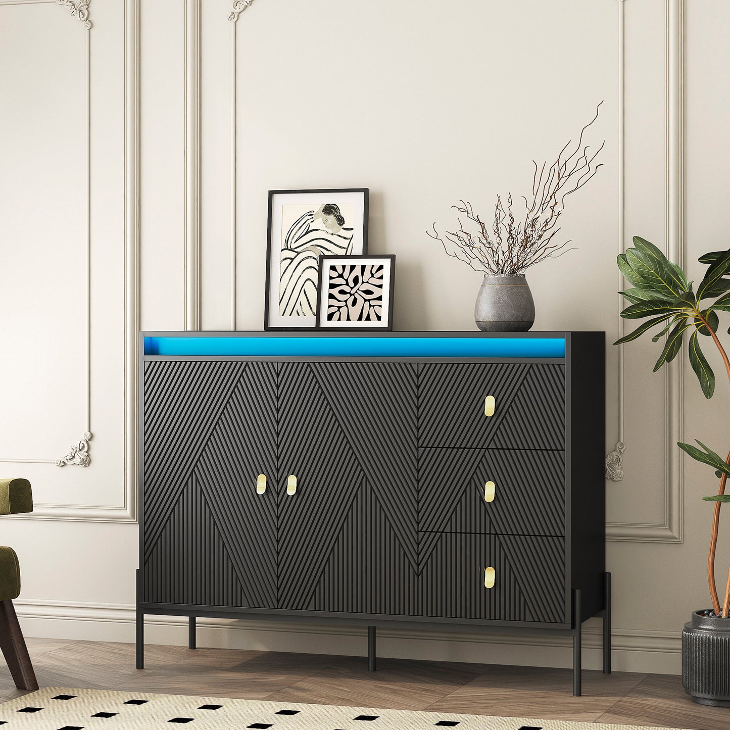 Elegant Fluted Sideboard Cabinet With Led Lights