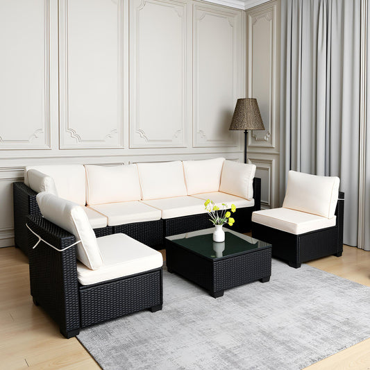 Seven-Piece Rattan Sofa Set With White Color Cushion