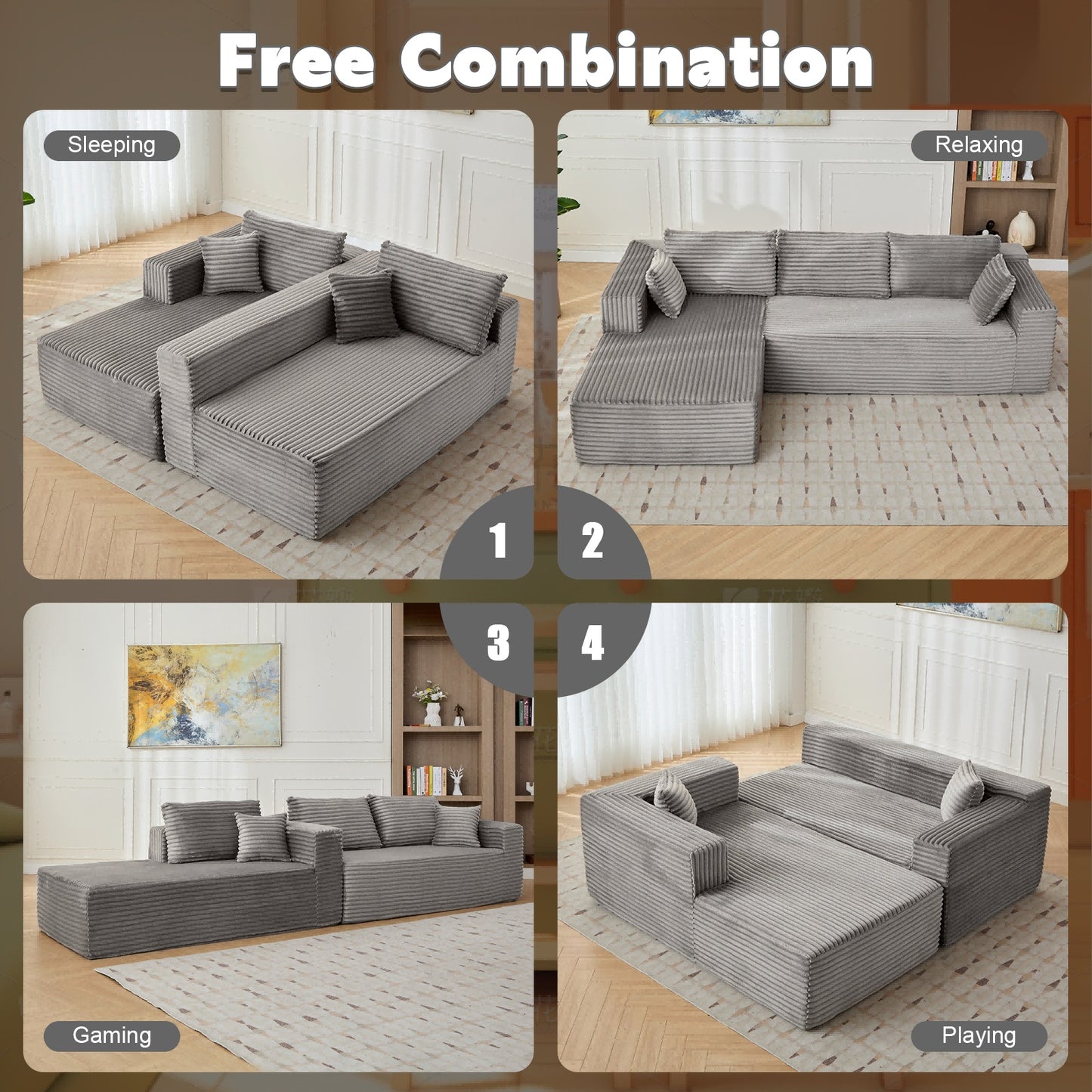 Convertible L-Shaped Sofa Bed w/Corduroy Fabric