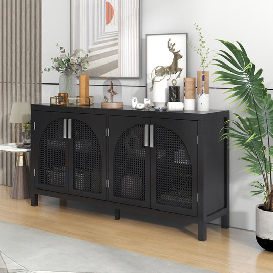 Black Sideboard w/Rattan Door & Metal Handles