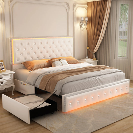 Tufted Crystal Button Headboard & Footboard, Side Pockets with Storage Platform