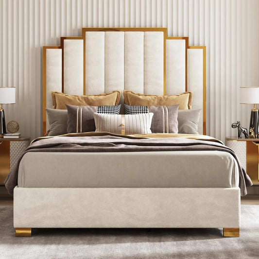 Upholstered Velvet Bed Frame w/Gold Trim Headboard