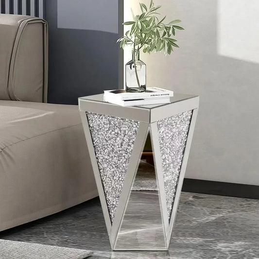 Silver Accent Mirror End Table with Crystal Inlay