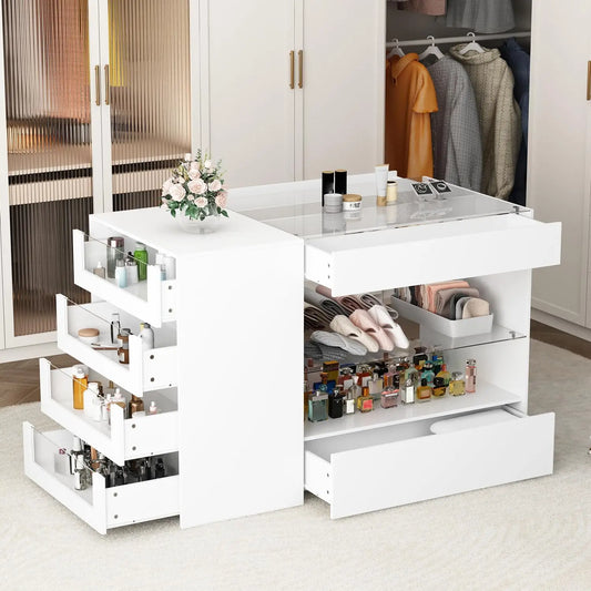 White Wooden Wardrobe Armoire w/Glass Top