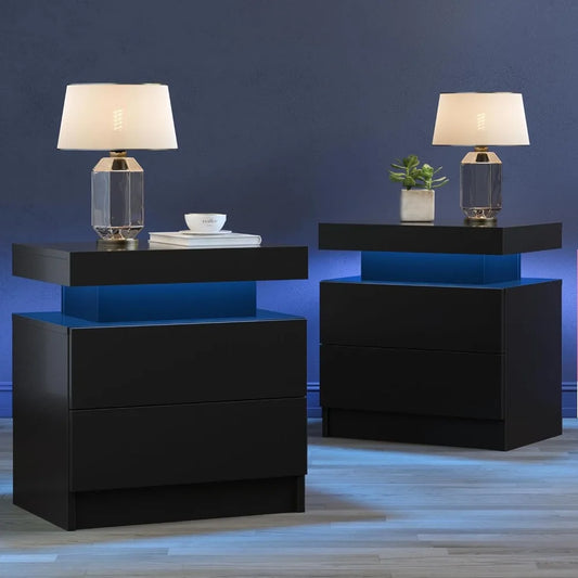 Set of 2 Black Bedside Nightstands with LED Lights
