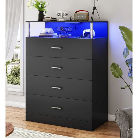 LED Tall Black 4 Drawer Dresser with Charging Station