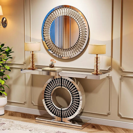 43-Inch Mirrored Console Table with Round Jeweled Decorative Wall Mirror Set of 2