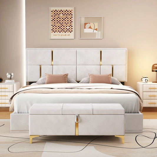 Queen Size Upholstered Platform Bed with Ottoman