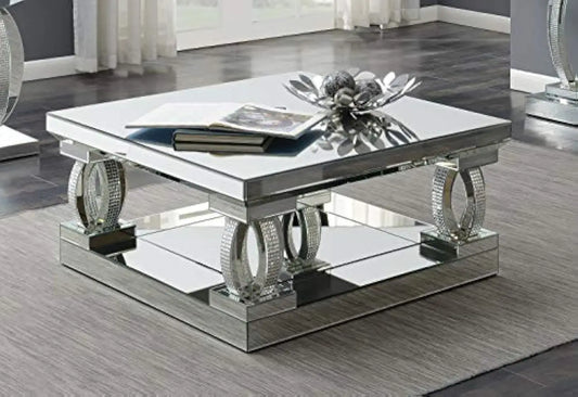 Square Mirrored Cocktail Table with Acrylic Crystal Legs