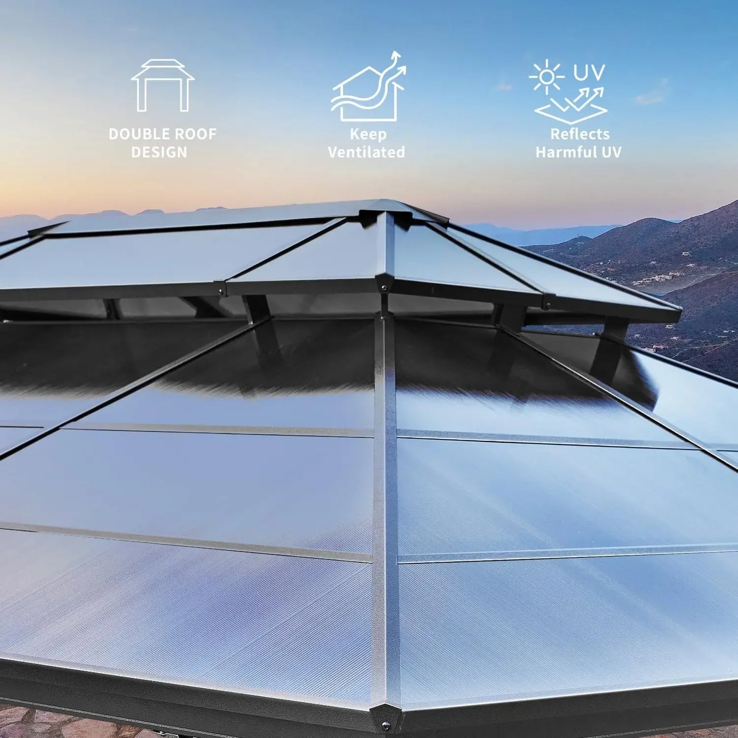 10'x13' Hardtop Double Roof Canopy Gazebo w/ Curtains and Netting