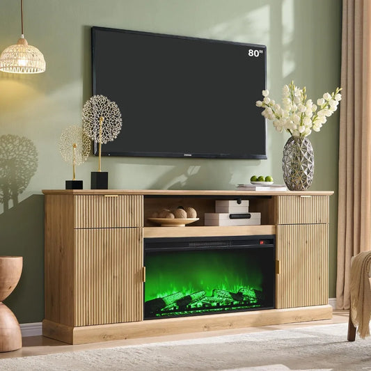 Fluted Wood Fireplace TV Stand Entertainment Center with Adjustable Shelves