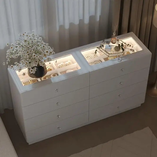 Glass Top White Vanity with 8 Drawers